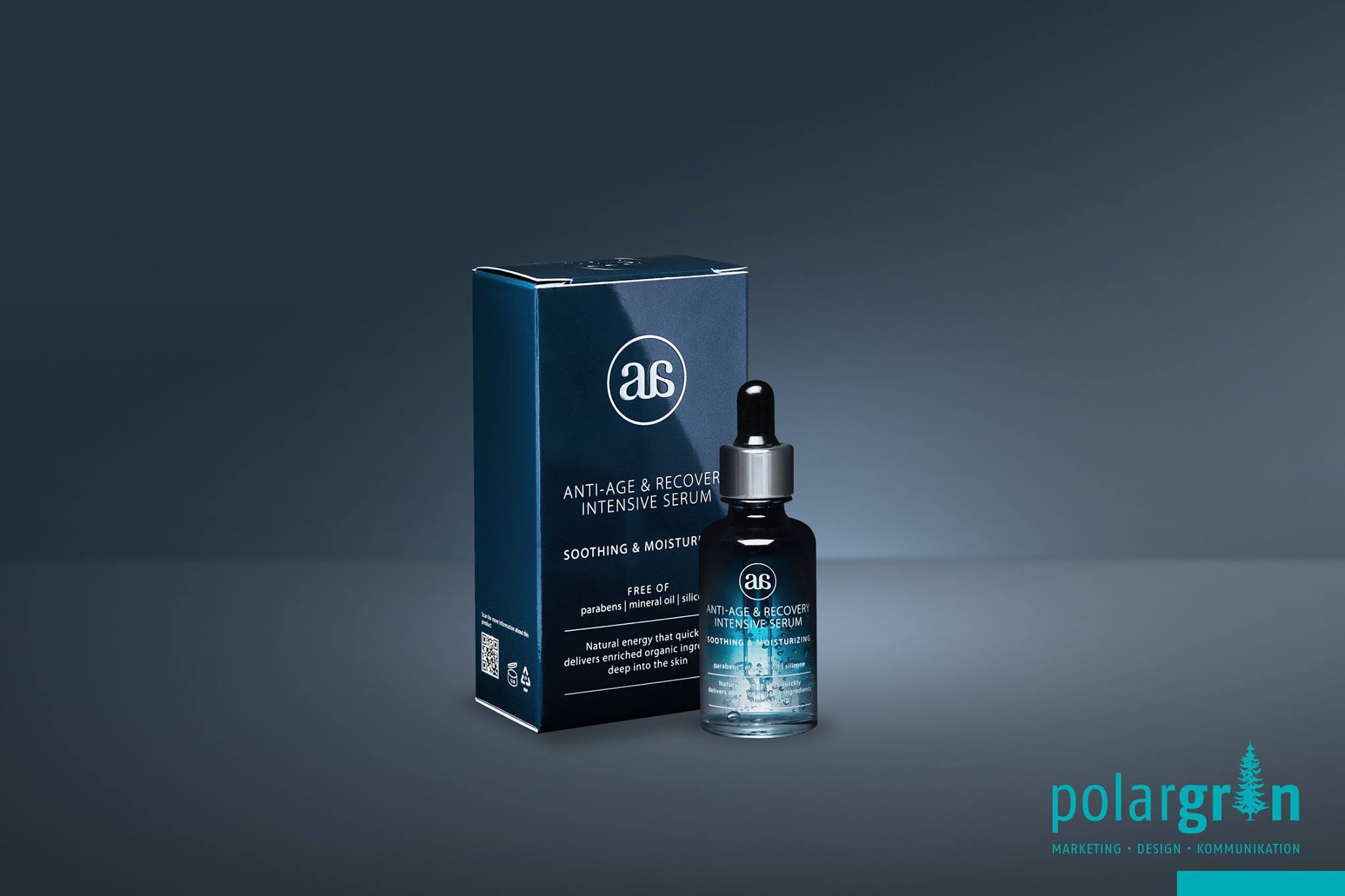 Produktaufnahme: Serumflasche mit Verpackung vor dunklem Hintergrund
