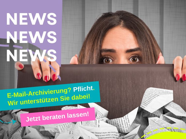 Titelbild „News News News“ zur Pflicht der E-Mail-Archivierung, Frau hinter einem Stapel Papier