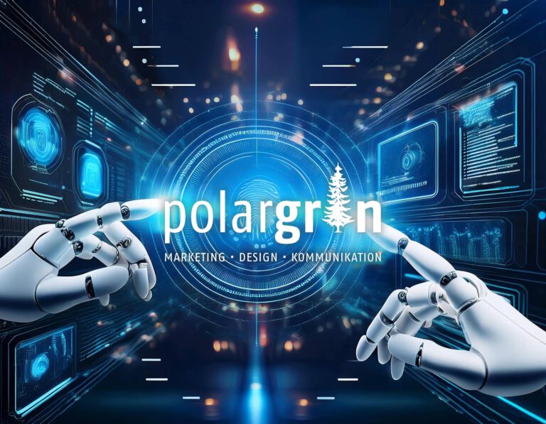 Illustration: zwei Roboterhände deuten auf den Polargrün-Schriftzug vor blauen Datenflächen