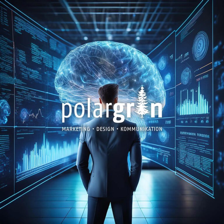 Illustration: Person vor einem leuchtenden Gehirnmodell und Diagrammen, davor der Polargrün-Schriftzug