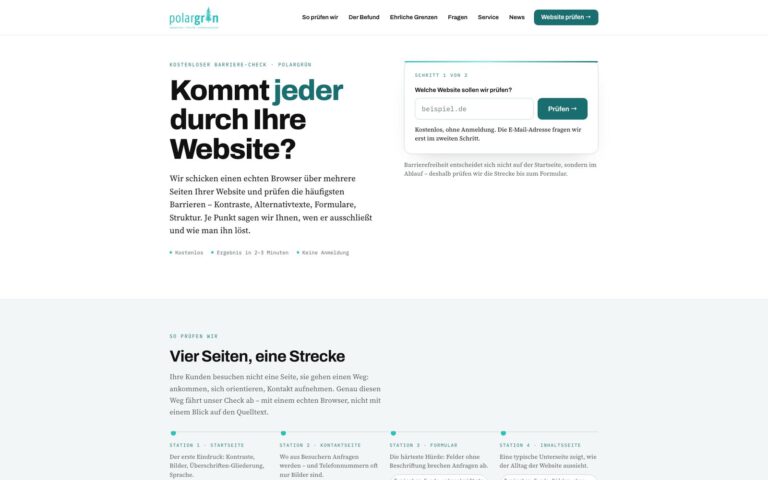 Startseite des Barriere-Checks von Polargrün