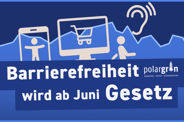 Grafik „Barrierefreiheit wird ab Juni Gesetz“ mit Symbolen für Smartphone, Onlineshop und Hören
