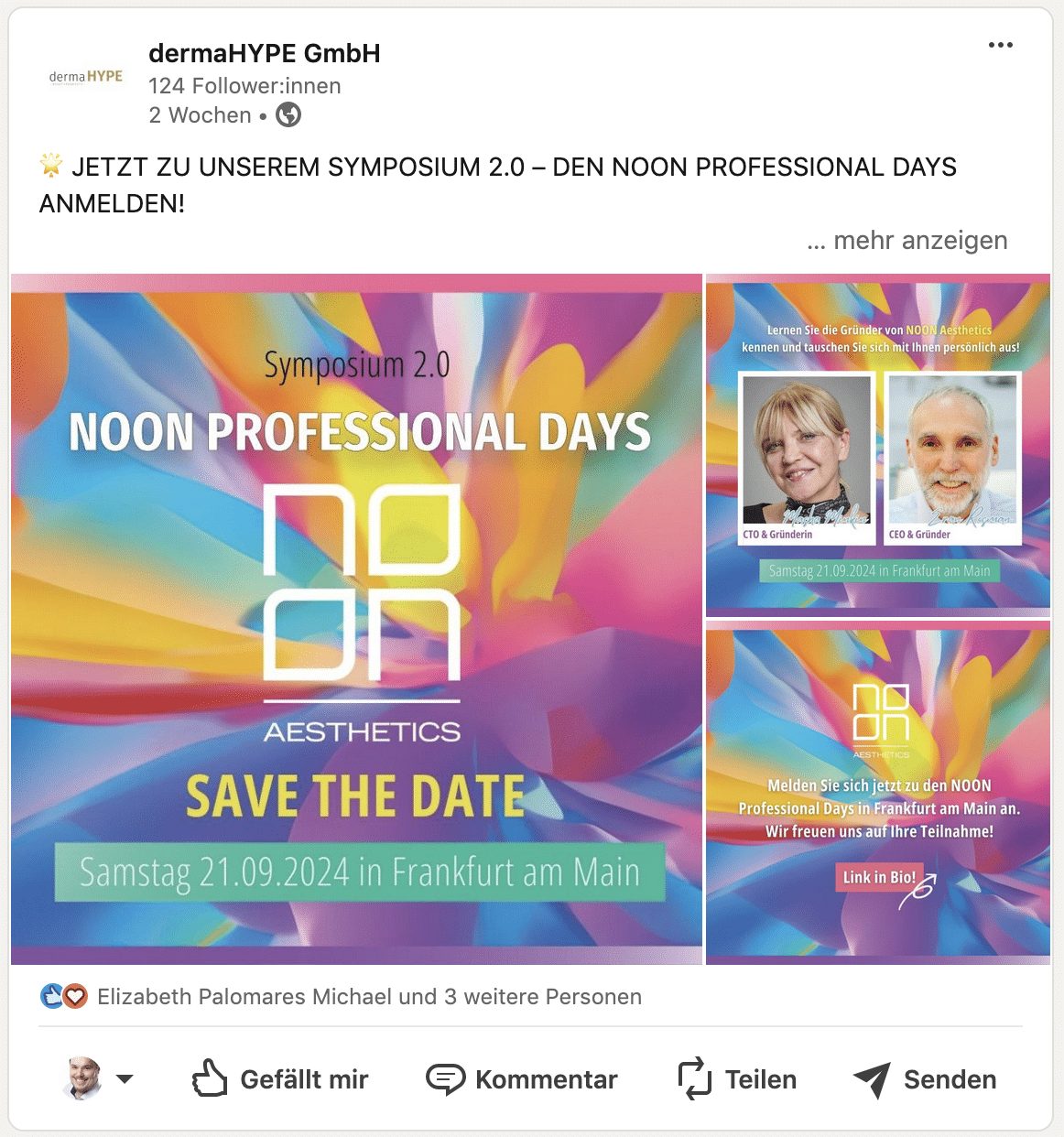 Beitrag von dermaHYPE auf Social Media zur Anmeldung für das Symposium 2.0 der NOON Professional Days