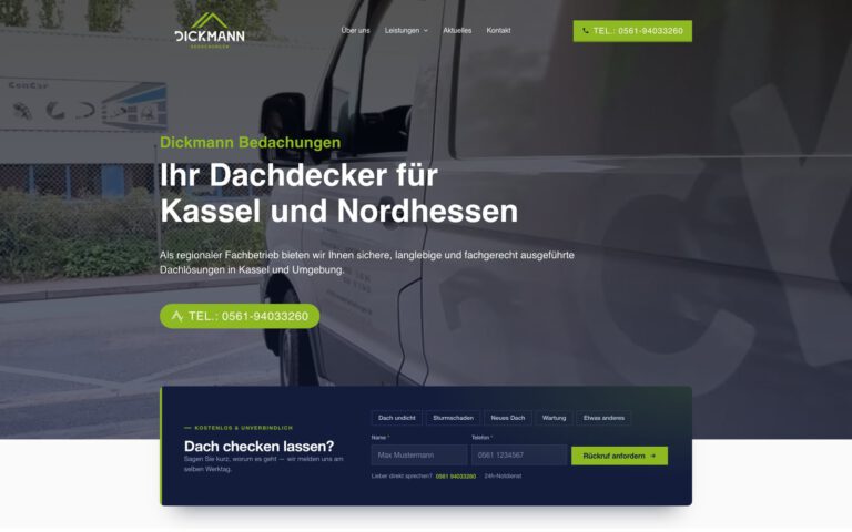 Startseite der Website von Dickmann Bedachungen