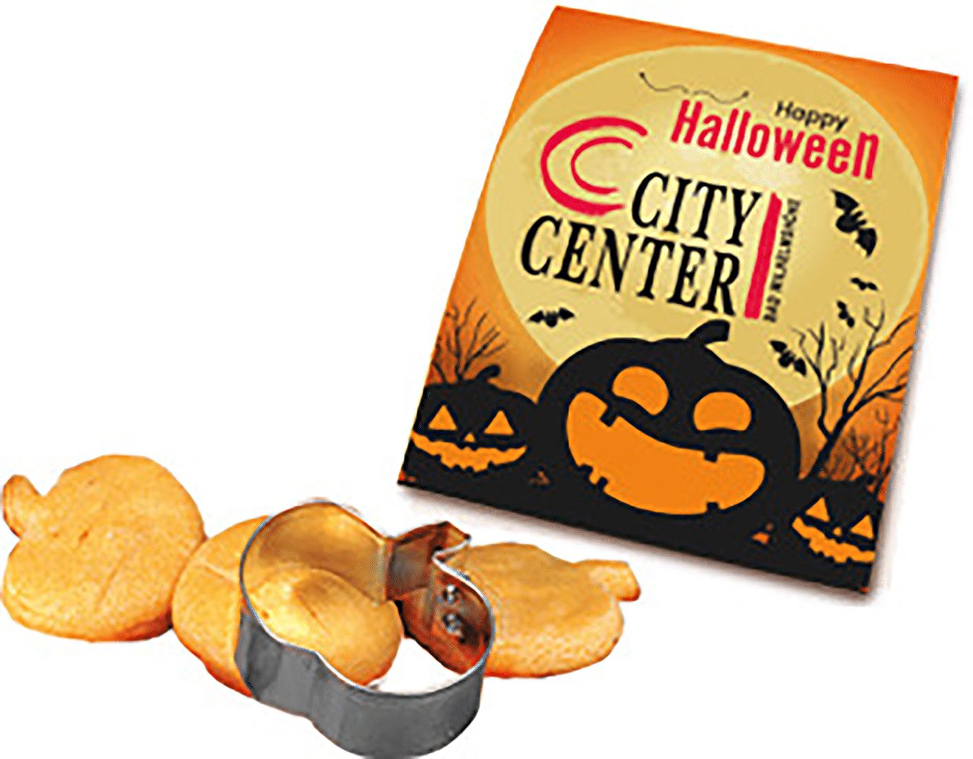 Gedruckte Halloween-Karte des City Center neben Gebäck