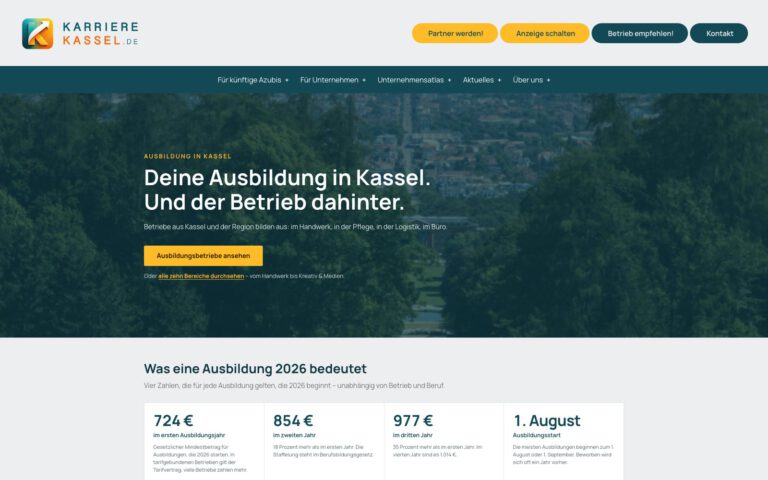 Startseite von Karriere-Kassel.de, der Ausbildungsplattform für die Region Kassel