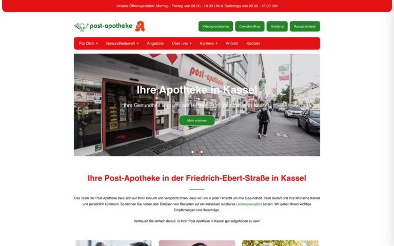 Startseite der Website der Post-Apotheke in Kassel