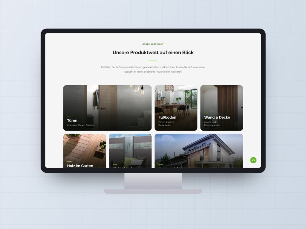 Website der Rogowski Holzhandlung auf einem Bildschirm: die Produktwelt mit Kacheln für Türen, Fußböden, Wand & Decke und Holz im Garten